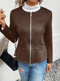 Nukty Long Sleeves Loose Pockets Solid Color Split-Joint Zipper Round-Neck Jackets Outerwear