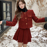 Nukty party look inspos Autumn Winter New Red Tweed Two-piece Skirt Set Women Short Jacket Coat Pleated Mini Skirt Korean Fashion Chic Female Outfits