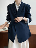 Nukty Long Sleeves Loose Asymmetric Buttoned Pockets Solid Color Tied V-Neck Blazer Outerwear