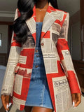 Nukty Long Sleeves Loose Buttoned Newspaper Print Pockets Split-Joint Notched Collar Blazer Outerwear