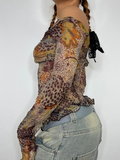 Nukty Summer Fashion Vintage Lace Mesh Tops Floral Print T-Shirts Woman Half Flare Sleeve V Neck Elegant Brown Tee Shirts