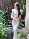 Nukty party look inspos Autumn New Chinese Style Satin 2-Piece Set Vintage Short Blazer High Waist Hip-Wrapped Pencil Skirt Suit Women Luxury Clothing