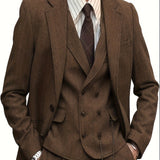 Nukty Polyester Blend Men'S 3pcs Suit Set - Vintage Herringbone Party Suit with Lapel Collar, Non-Stretch Fabric, Solid Color, Long Sleeve, Fall/Winter Season, Button-Front Details, Regular Fit Pants, and Vest - Woven Polyes
