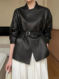 Nukty Long Sleeves Loose Belted Solid Color Stand Collar Jackets Outerwear