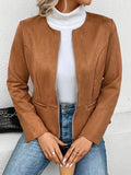 Nukty Long Sleeves Loose Pockets Solid Color Split-Joint Zipper Round-Neck Jackets Outerwear