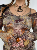 Nukty Summer Fashion Vintage Lace Mesh Tops Floral Print T-Shirts Woman Half Flare Sleeve V Neck Elegant Brown Tee Shirts