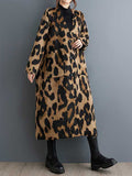 Nukty Long Sleeves Loose Buttoned Leopard Pockets Split-Joint V-Neck Outerwear Trench Coats