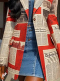 Nukty Long Sleeves Loose Buttoned Newspaper Print Pockets Split-Joint Notched Collar Blazer Outerwear