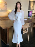 Nukty party look inspos Elegant Rose Princess Mermaid Dresses for Women Puff Sleeve V-neck Slim Waist Split Long Dress Vintage French Party Vestidos New