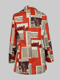 Nukty Long Sleeves Loose Buttoned Newspaper Print Pockets Split-Joint Notched Collar Blazer Outerwear