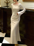 Nukty party look inspos Autumn Satin Long Dresses For Women Flare Sleeve Slim Mermaid Spring French Vintage Wedding Party Prom Robe Vestidos Para Mujer