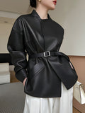 Nukty Long Sleeves Loose Belted Solid Color Stand Collar Jackets Outerwear