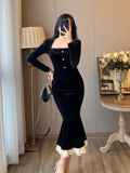 Nukty party look inspos Vintage Bodycon Black Velvet Mermaid Party Dress Women Elegant Square Collar Lace Patchwork Evening Vestidos Autumn Prom Robe