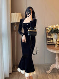 Nukty party look inspos Vintage Bodycon Black Velvet Mermaid Party Dress Women Elegant Square Collar Lace Patchwork Evening Vestidos Autumn Prom Robe