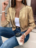 Nukty Long Sleeves Loose Shiny Split-Joint Zipper Round-Neck Outerwear
