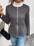 Nukty Long Sleeves Loose Pockets Solid Color Split-Joint Zipper Round-Neck Jackets Outerwear