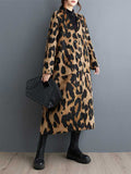 Nukty Long Sleeves Loose Buttoned Leopard Pockets Split-Joint V-Neck Outerwear Trench Coats