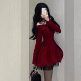 Nukty party look inspos Y2K Velvet Short Dresses for Women Halter Long Sleeve A-line Birthday Party Dress Autumn New Kawaii Solid Korean Fashion Vestido