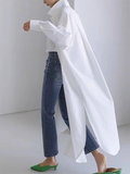 Nukty Long Sleeves Loose Buttoned Solid Color Split-Side Lapel Collar Outerwear Shirts Tops