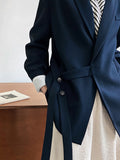 Nukty Long Sleeves Loose Asymmetric Buttoned Pockets Solid Color Tied V-Neck Blazer Outerwear