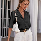 Summer Women Fashion Short Sleeve Satin Solid Color Suit Shirt, Collar Neck Street Daily Wear Elegant Silk Shirts Blouse