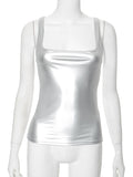 Nukty Skinny Sleeveless Shiny Solid Color Split-Joint Spaghetti-Neck Vest Top