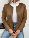 Nukty Long Sleeves Loose Pockets Solid Color Split-Joint Zipper Round-Neck Jackets Outerwear