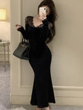 Nukty party look inspos Sexy Lace Patchwork Womens Dresses Vintage V-Neck Bodycon Evening Party Mermaid Dress Autumn Slim Waist Vestidos Long Robe New