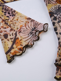 Nukty Summer Fashion Vintage Lace Mesh Tops Floral Print T-Shirts Woman Half Flare Sleeve V Neck Elegant Brown Tee Shirts