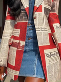 Nukty Long Sleeves Loose Buttoned Newspaper Print Pockets Split-Joint Notched Collar Blazer Outerwear