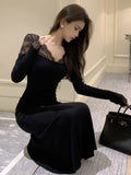 Nukty party look inspos Sexy Lace Patchwork Womens Dresses Vintage V-Neck Bodycon Evening Party Mermaid Dress Autumn Slim Waist Vestidos Long Robe New