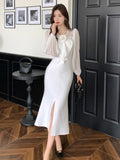 Nukty party look inspos Elegant Rose Princess Mermaid Dresses for Women Puff Sleeve V-neck Slim Waist Split Long Dress Vintage French Party Vestidos New