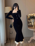 Nukty party look inspos Vintage Bodycon Black Velvet Mermaid Party Dress Women Elegant Square Collar Lace Patchwork Evening Vestidos Autumn Prom Robe