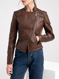 Nukty Long Sleeves Split-Joint Zipper Mock Neck PU Jackets Outerwear