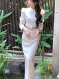 Nukty party look inspos Autumn New Chinese Style Satin 2-Piece Set Vintage Short Blazer High Waist Hip-Wrapped Pencil Skirt Suit Women Luxury Clothing