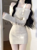 Nukty party look inspos Sexy Knitted New One Piece Dress Women Off Shoulder Sweet Vintage Y2k Mini Dress Female Korean Fashion Chic Sweater Dresses 2024