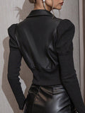 Nukty Long Sleeves Puff Sleeves Elasticity Pleated Solid Color Split-Joint Zipper Lapel PU Jackets