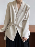 Nukty Long Sleeves Loose Asymmetric Buttoned Pockets Solid Color Tied V-Neck Blazer Outerwear
