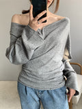 Nukty Long Sleeves Loose Buttoned Solid Color V-Neck Cardigan Tops