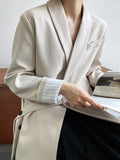 Nukty Long Sleeves Loose Asymmetric Buttoned Pockets Solid Color Tied V-Neck Blazer Outerwear