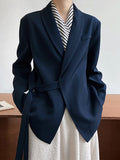 Nukty Long Sleeves Loose Asymmetric Buttoned Pockets Solid Color Tied V-Neck Blazer Outerwear