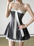 Nukty  Bow Contrast Patchwork Strapless Dress Women Off-shoulder Tube Party Dress High Waist A-line Mini Dresses Club Party