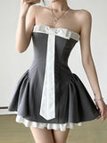 Nukty  Bow Contrast Patchwork Strapless Dress Women Off-shoulder Tube Party Dress High Waist A-line Mini Dresses Club Party