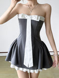 Nukty  Bow Contrast Patchwork Strapless Dress Women Off-shoulder Tube Party Dress High Waist A-line Mini Dresses Club Party