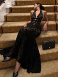 Nukty  Women's Sexy Halter Neck Lace Maxi Dress Backless See through Long Evening Gown for Party Prom Elegant Hollow out Wrap Dress