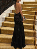 Nukty  Women's Sexy Halter Neck Lace Maxi Dress Backless See through Long Evening Gown for Party Prom Elegant Hollow out Wrap Dress