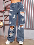 Nukty Harajuku Women Fashion Cargo Jeans Street Ripped Details Straight Leg Denim Trousers Simple Casual Baggy Pants Mujer