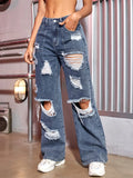 Nukty Harajuku Women Fashion Cargo Jeans Street Ripped Details Straight Leg Denim Trousers Simple Casual Baggy Pants Mujer
