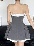 Nukty  Bow Contrast Patchwork Strapless Dress Women Off-shoulder Tube Party Dress High Waist A-line Mini Dresses Club Party
