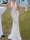 Nukty  Women's Sexy Halter Neck Lace Maxi Dress Backless See through Long Evening Gown for Party Prom Elegant Hollow out Wrap Dress